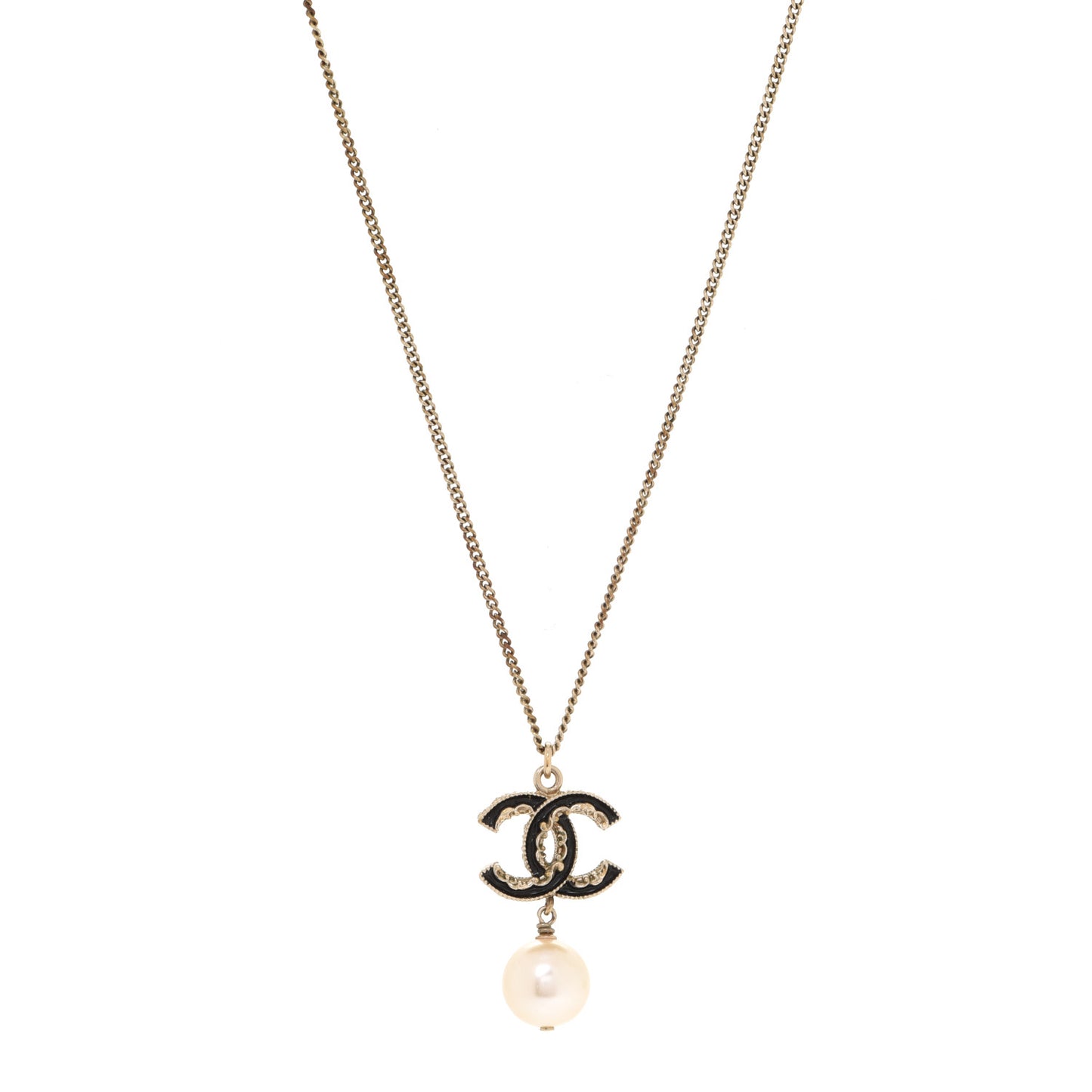 Enamel Pearl CC Baroque Drop Necklace Black Gold