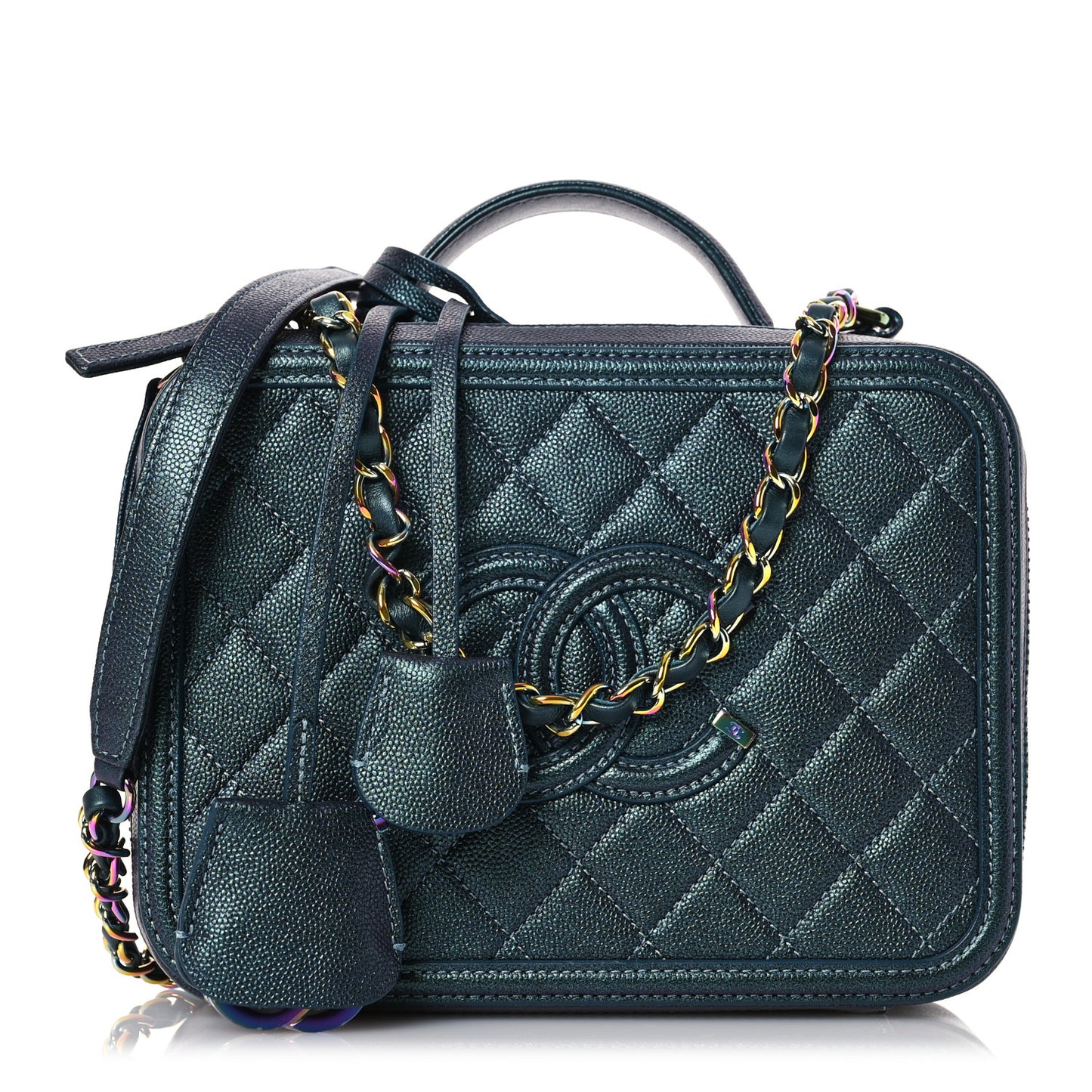Iridescent Caviar Quilted Medium CC Filigree Vanity Case Dark Turquoise
