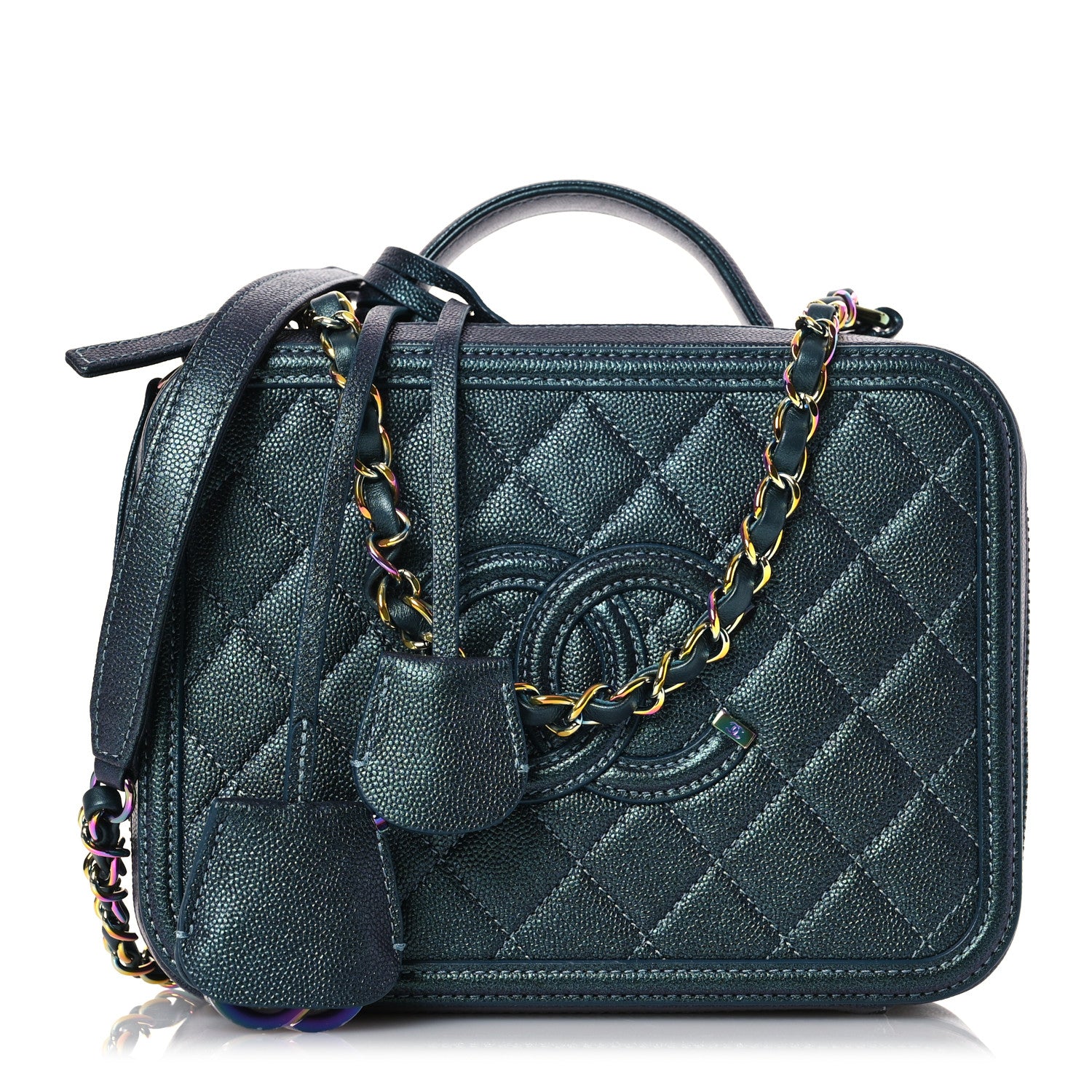 Chanel Iridescent Caviar Quilted Medium CC Filigree Vanity Case Dark Turquoise 1 of 11