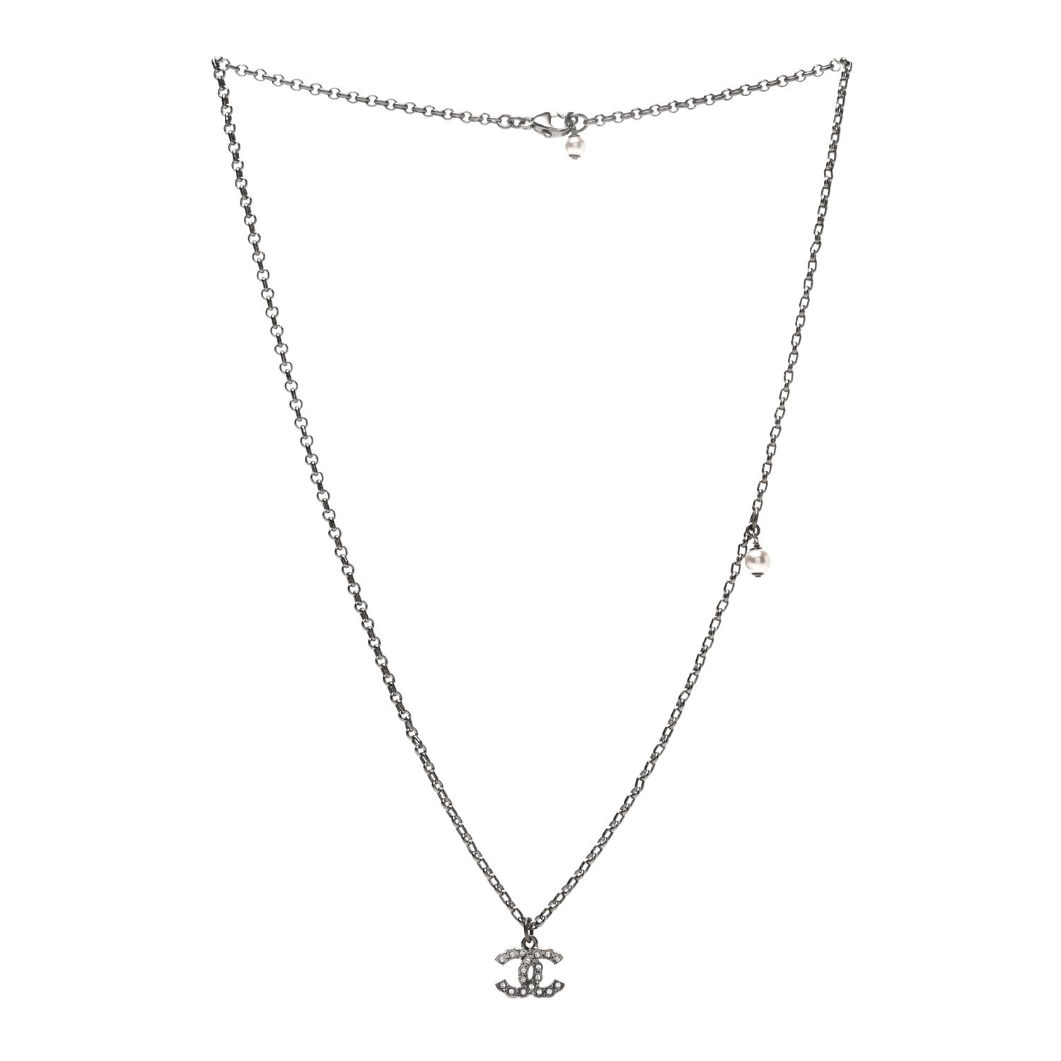 Chanel Pearl Crystal CC Pendant Necklace Ruthenium 3 of 4