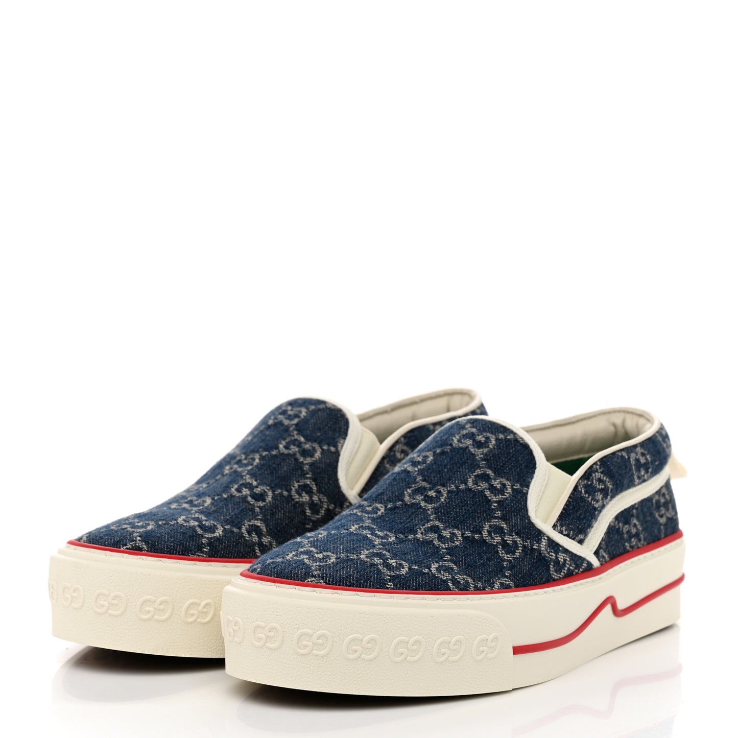 New Denim GG Monogram Womens 1977 Tennis Slip On 30mm Sneakers 37.5 Blue Tea Mystic White