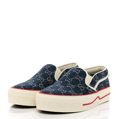 Gucci New Denim GG Monogram Womens 1977 Tennis Slip On 30mm Sneakers 37.5 Blue Tea Mystic White 3 of 7