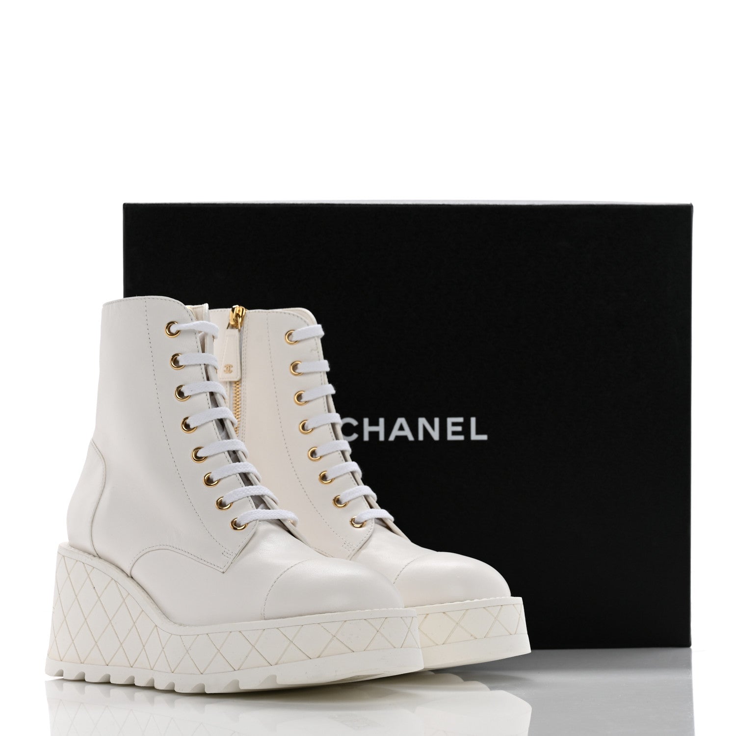 Chanel Lambskin Quilted Lace Up Wedge Combat Boots 37.5 White 18 of 18