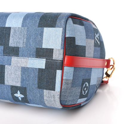 Louis Vuitton Denim Damier Monogram Patchwork Speedy Bandouliere 30 Blue Rouge 9 of 10