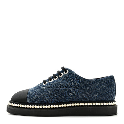 Chanel Denim Grosgrain Camellia Pearl Lace Up Sneakers 38 Blue Black 1 of 12