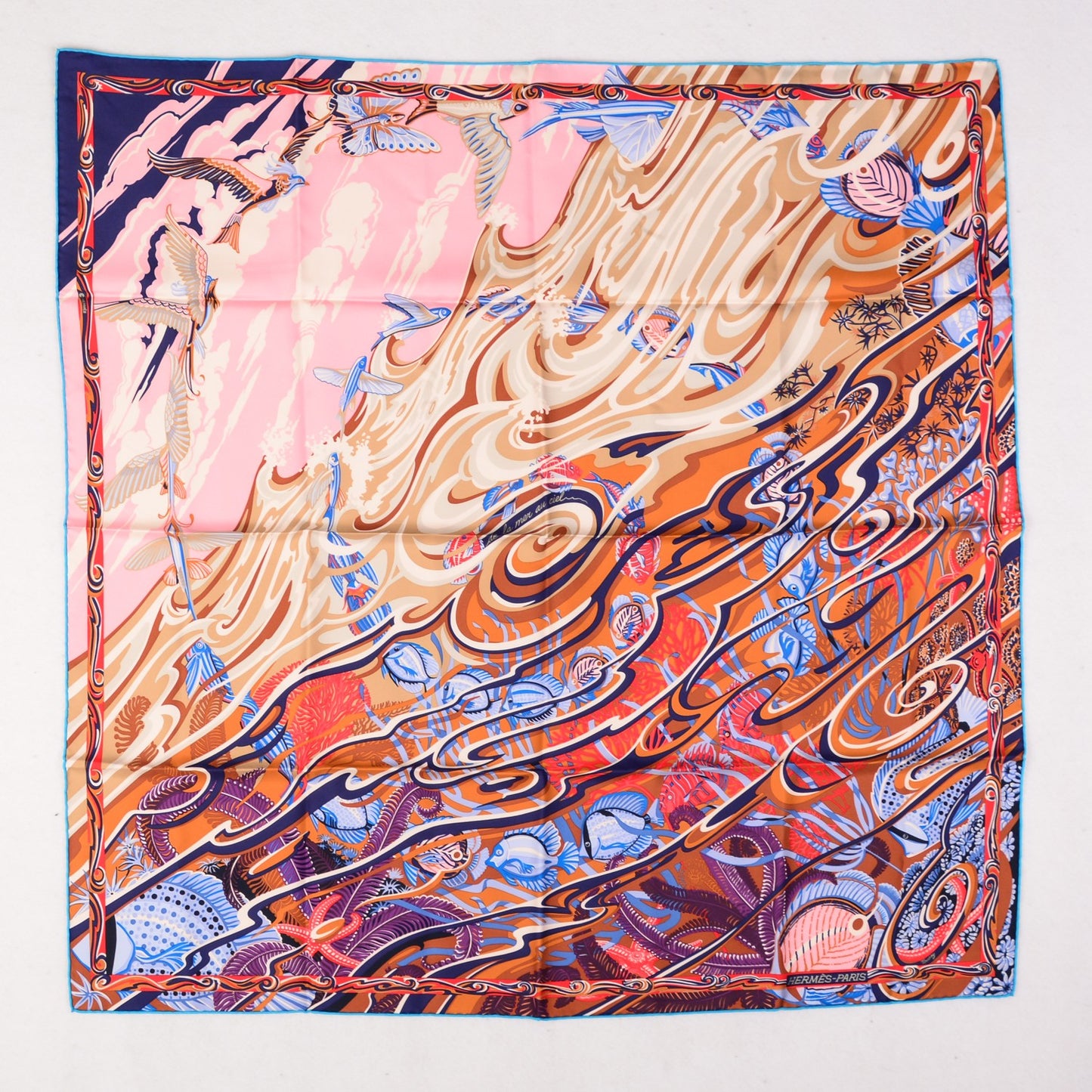 Silk De la Mer Au Ciel Scarf 90 Marron Vieux Rose Bleu