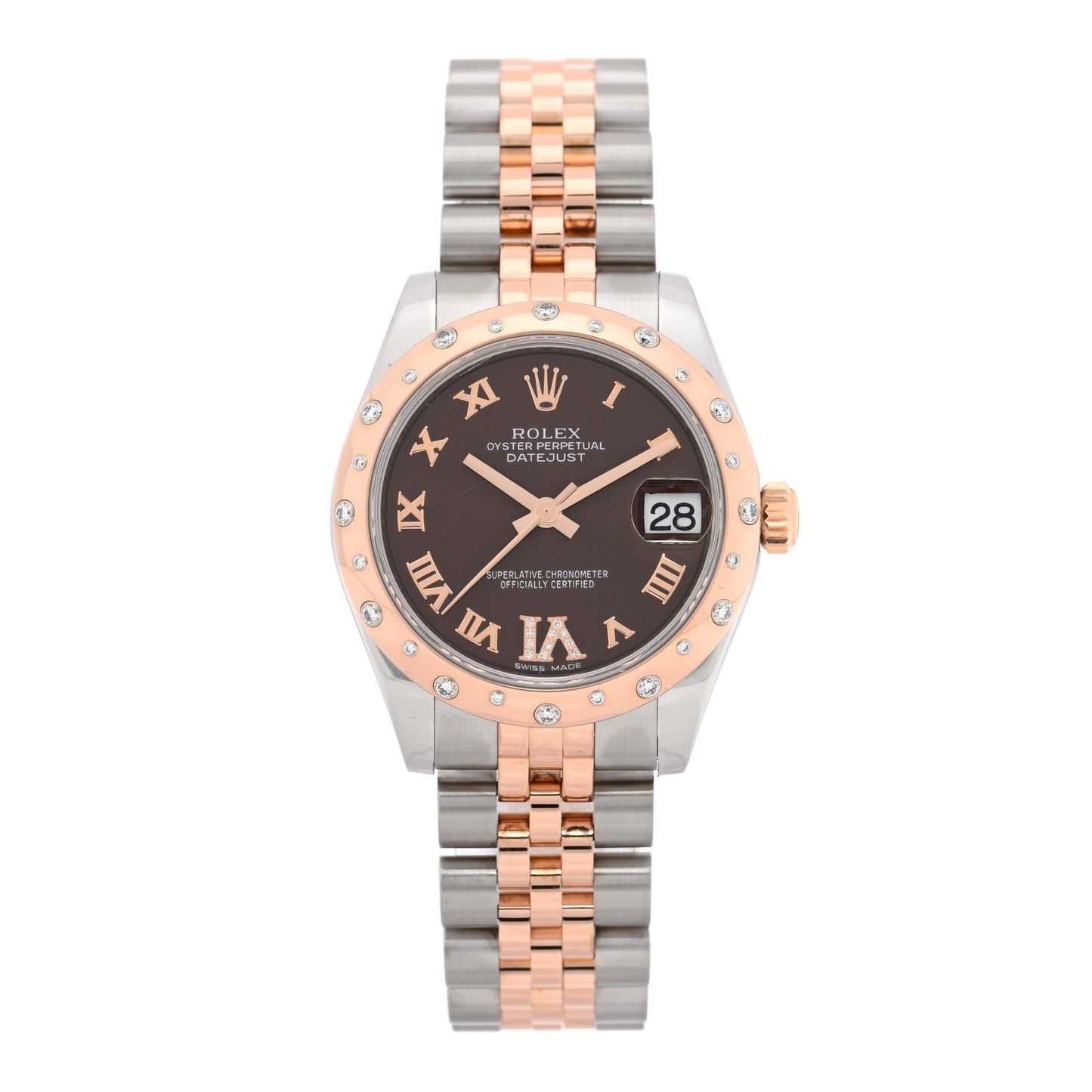 Stainless Steel 18K Everose Gold Diamond 31mm Oyster Perpetual Datejust Watch Chocolate Roman 178341
