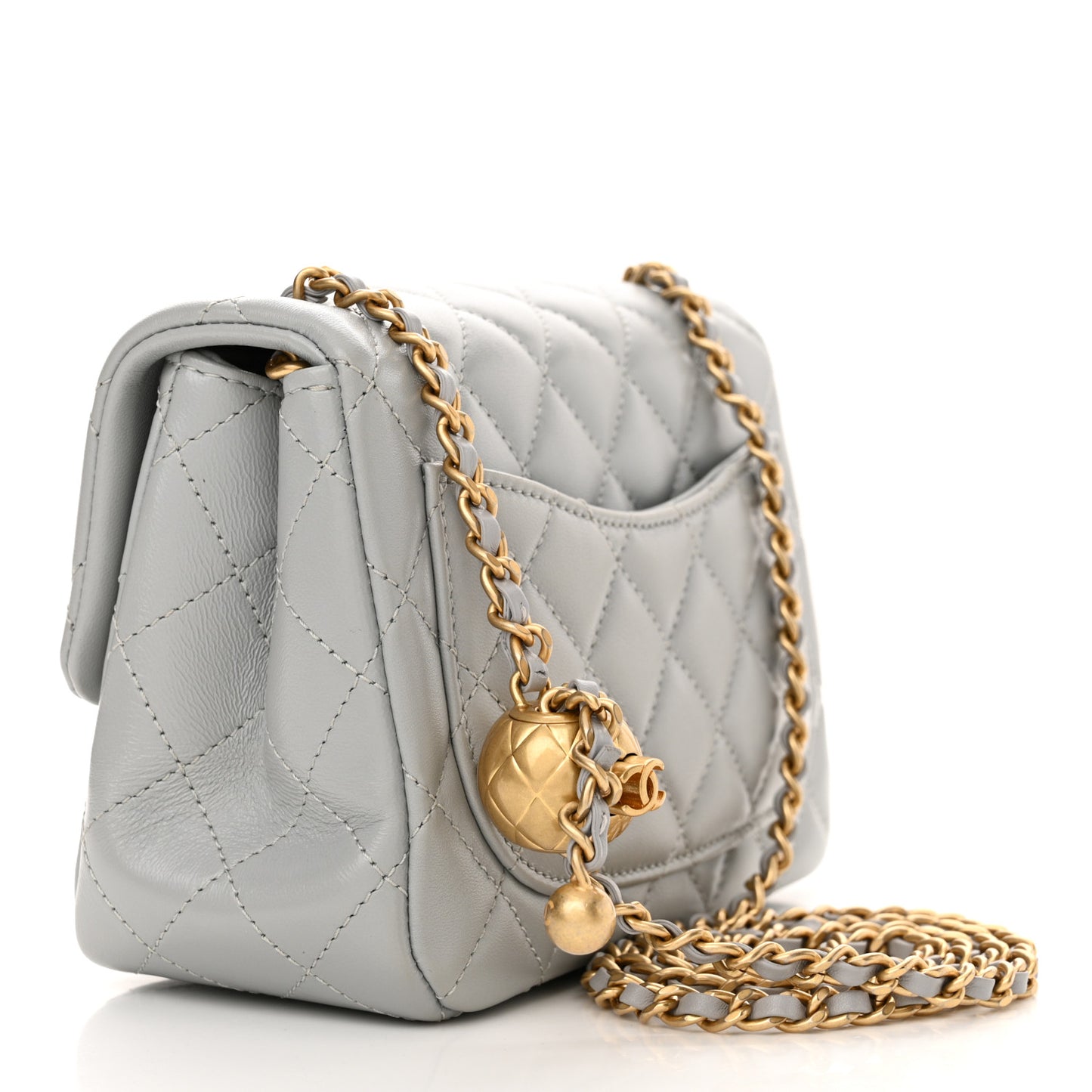 Lambskin Quilted Mini Pearl Crush Flap Light Grey