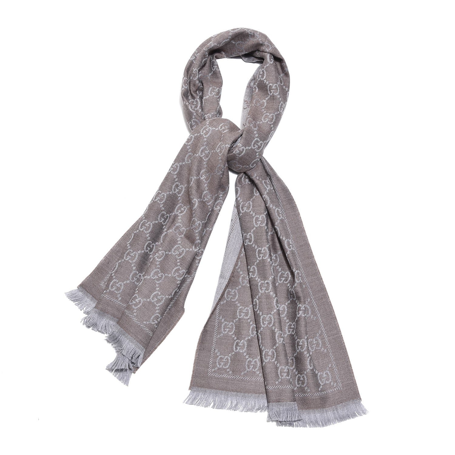 Gucci Wool Jacquard GG Monogram Sten Fringe Scarf Taupe Light Grey 1 of 6