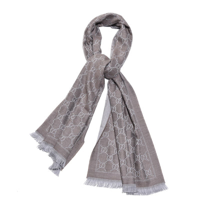 Gucci Wool Jacquard GG Monogram Sten Fringe Scarf Taupe Light Grey 1 of 6