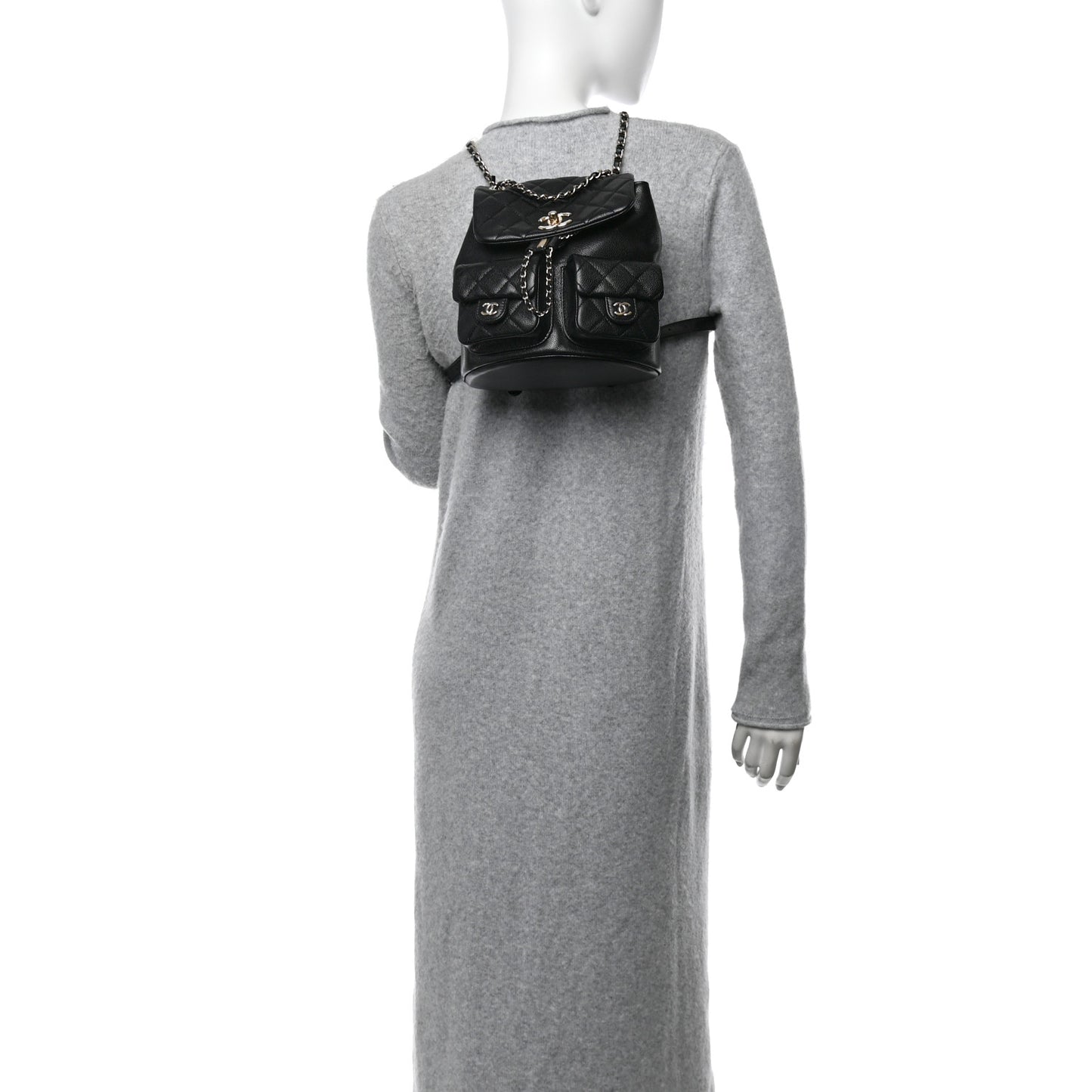 Shiny Caviar Quilted Medium Duma Pockets Drawstring Backpack Black