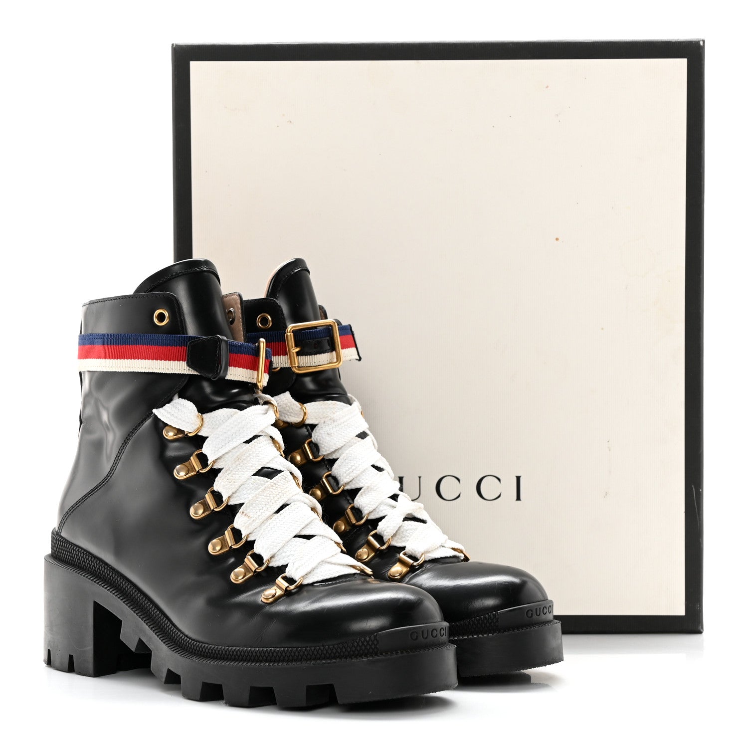 Gucci Calfskin Sylvie Web Womens Lace Up Combat Boots 39 Black 21 of 21