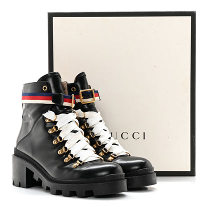 Gucci Calfskin Sylvie Web Womens Lace Up Combat Boots 39 Black 21 of 21