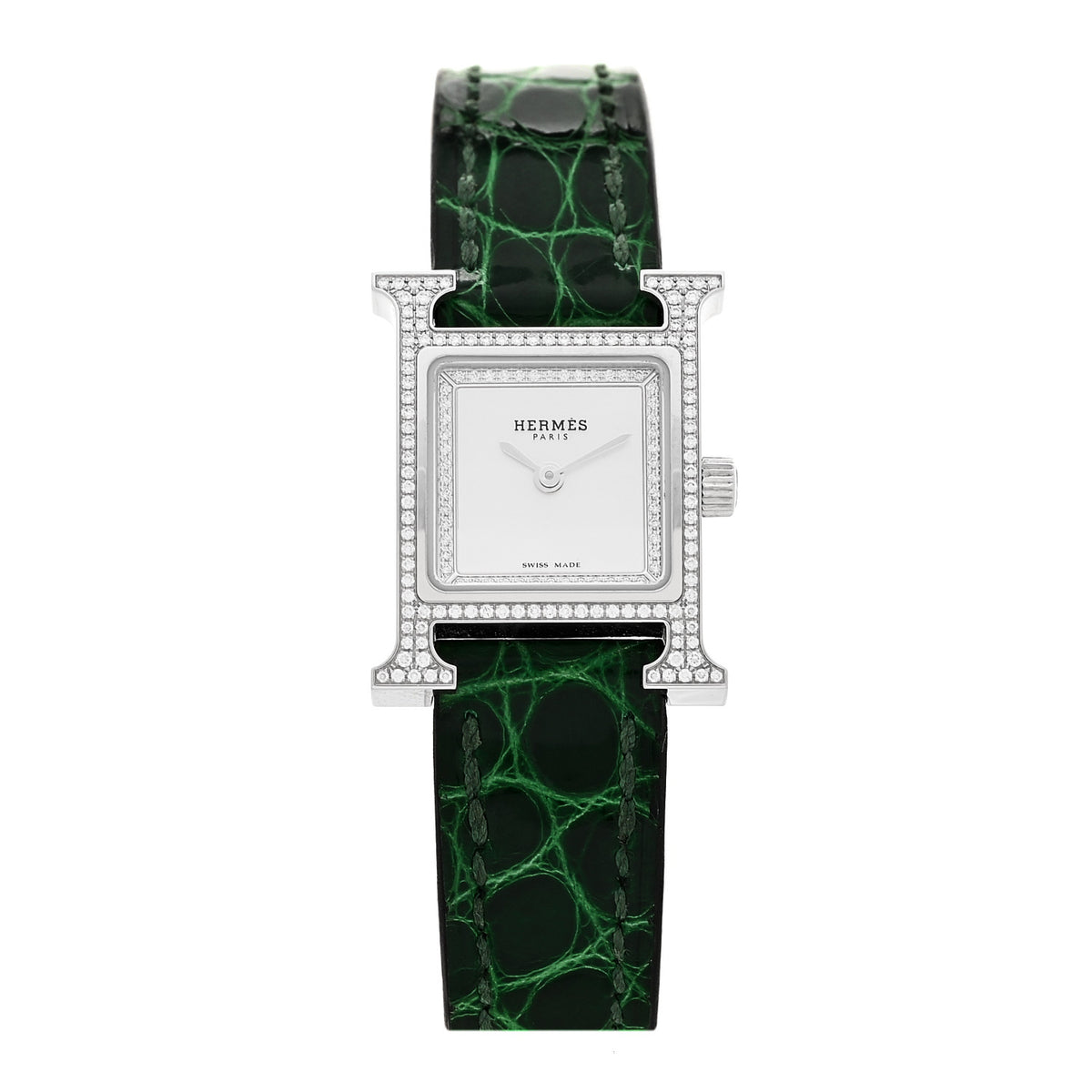 Stainless Steel Alligator Diamond Bezel Mother of Pearl 17.2mm Heure H Hour Quartz Watch Vert Moyen