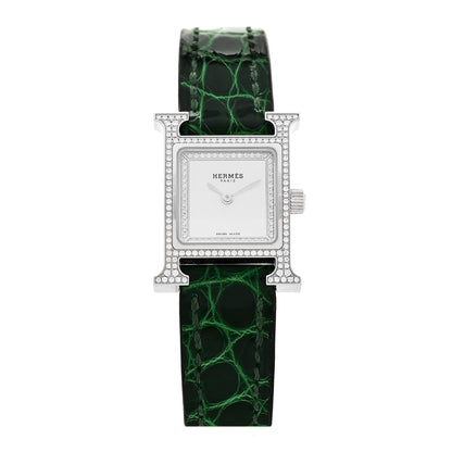 Hermes Stainless Steel Alligator Diamond Bezel Mother of Pearl 17.2mm Heure H Hour Quartz Watch Vert Moyen 1 of 5