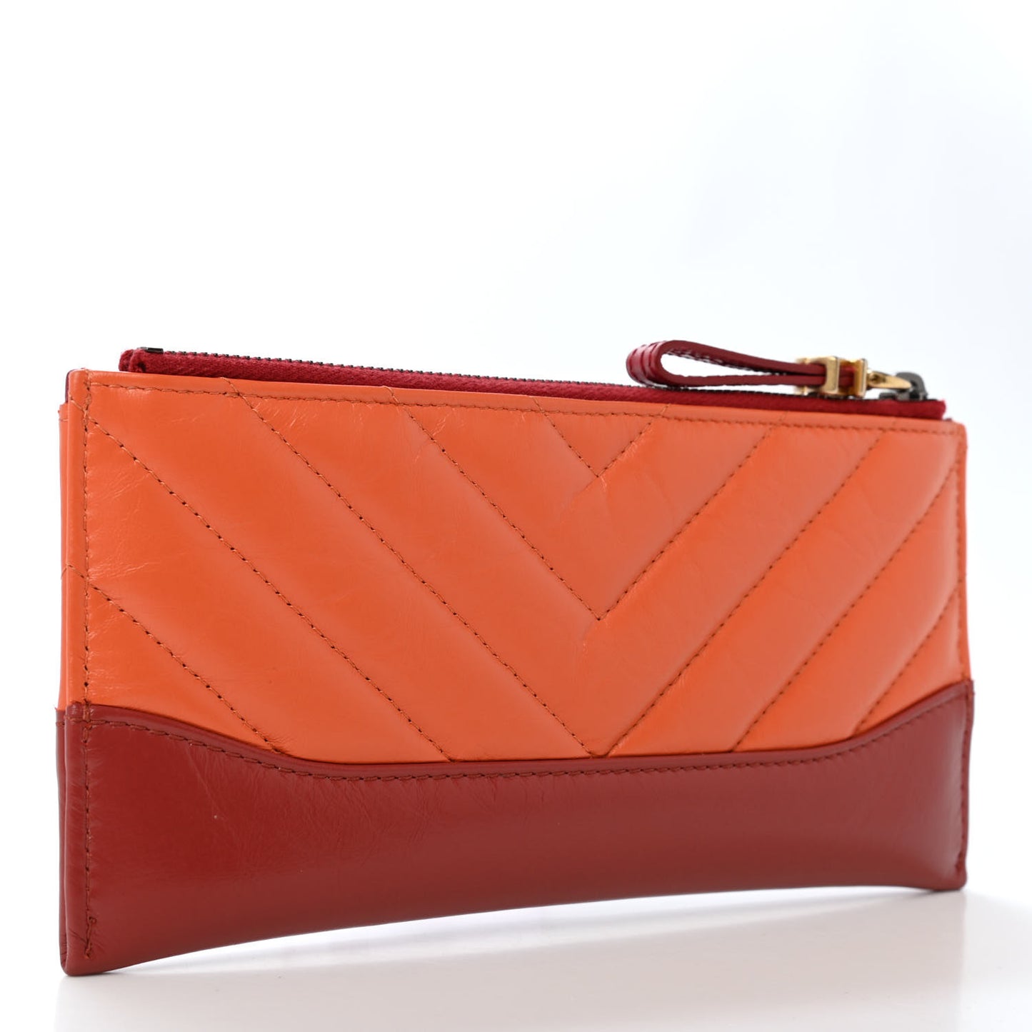 Aged Calfskin Chevron Quilted Gabrielle Zip Pouch Orange Red