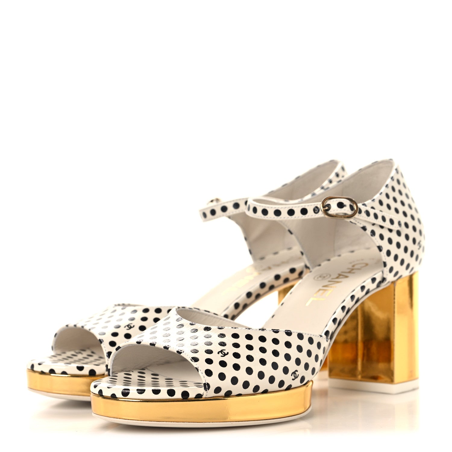 Chanel Printed Calfskin Polka Dot CC Platform Sandals 36.5 Ivory Black 4 of 8