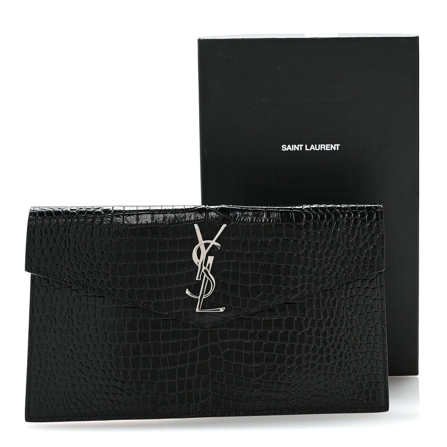 Saint Laurent Calfskin Crocodile Embossed Uptown Monogram Pouch Black 8 of 8