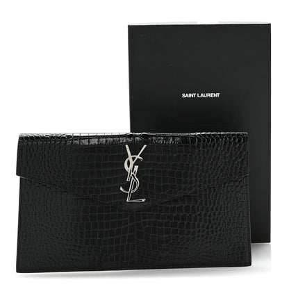 Saint Laurent Calfskin Crocodile Embossed Uptown Monogram Pouch Black 8 of 8