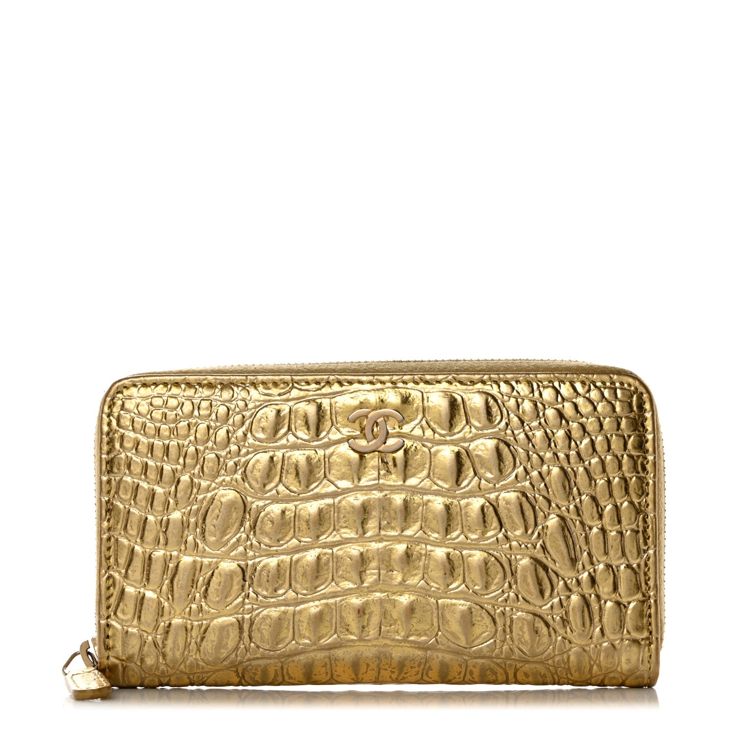 Chanel Metallic Calfskin Crocodile Embossed Small Zip Wallet Gold 1 of 8
