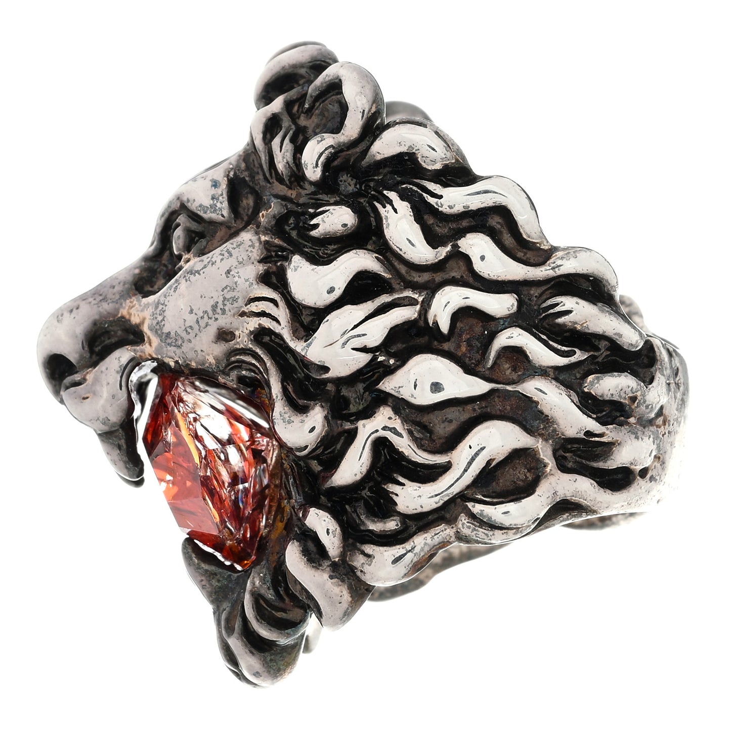 Metal Crystal Lion Head Ring Red Aged 49 4.75 Silver