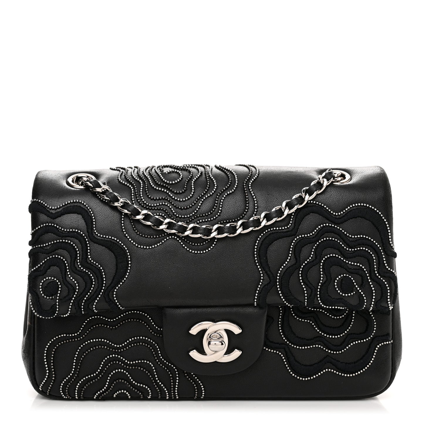 Lambskin Embroidered Camellia Follies Flap Black