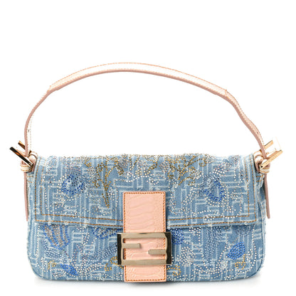 Fendi Denim Alligator Crystal Baguette Blue 1 of 8