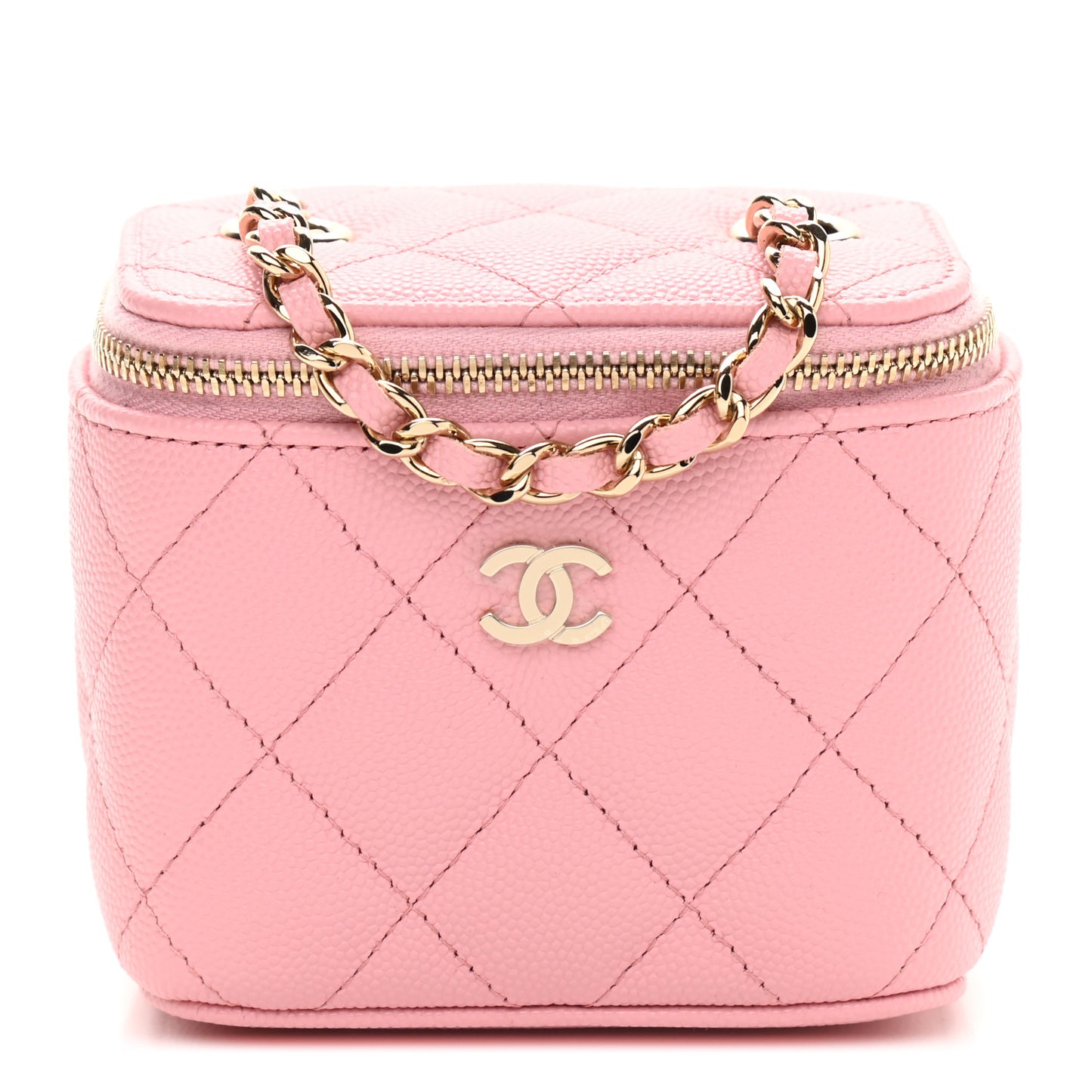 Caviar Quilted Mini Vanity Case With Chain Pink