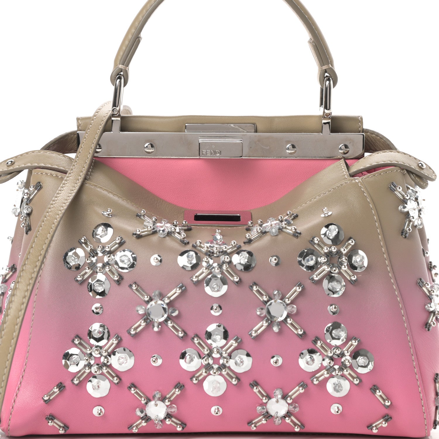Fendi Nappa Crystal Beaded Ombre Mini Peekaboo Iconic Satchel Pink Beige 10 of 14