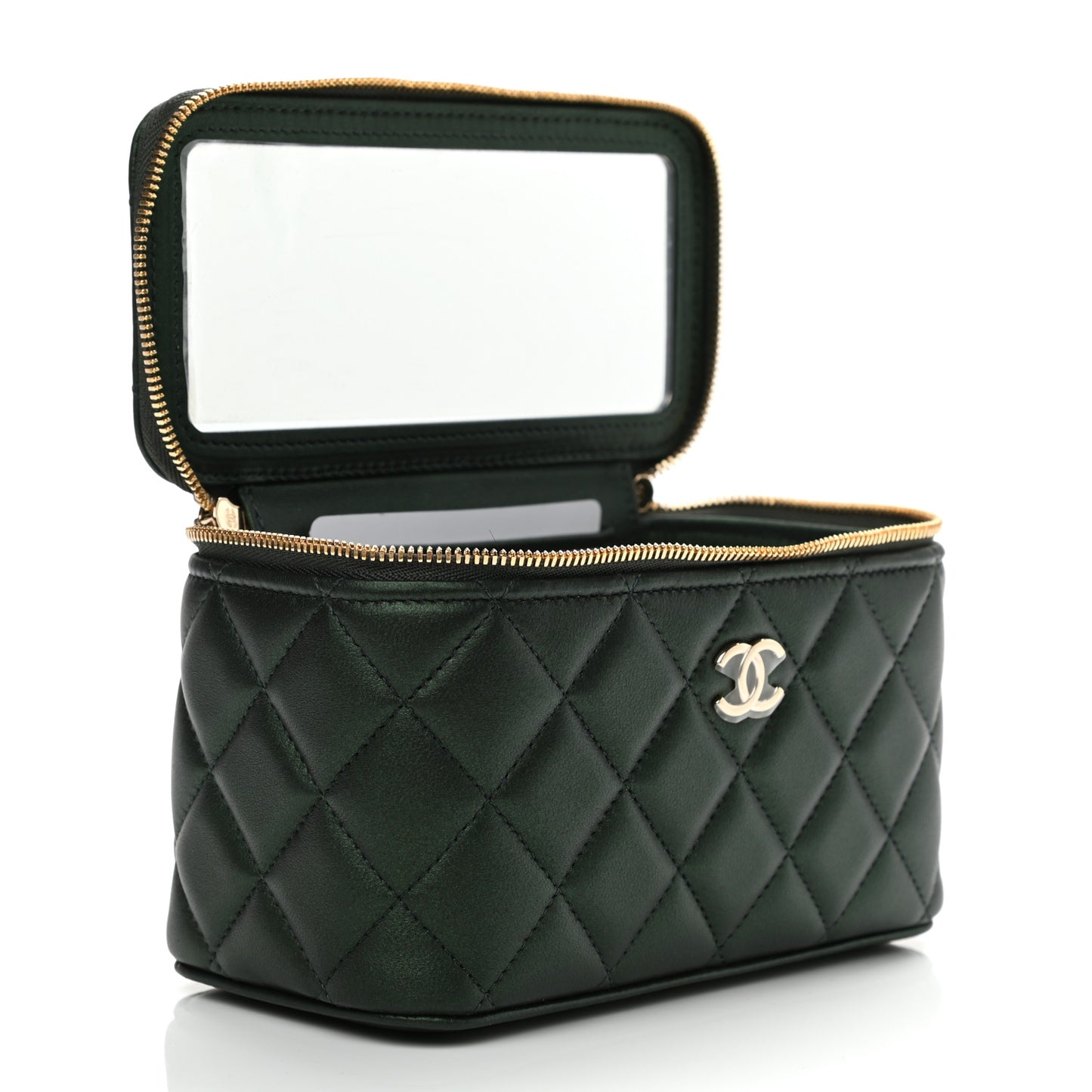 Iridescent Lambskin Quilted Small Top Handle Vanity Case With Chain Green