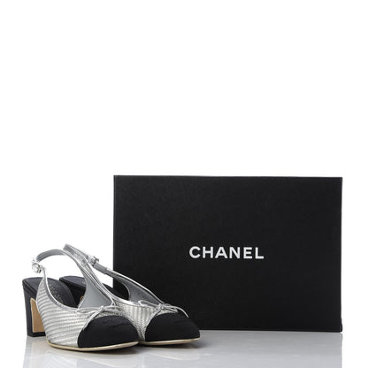 Chanel Woven Plastic Grosgrain Cap Toe CC Slingback Pumps 39 Black Silver 10 of 10