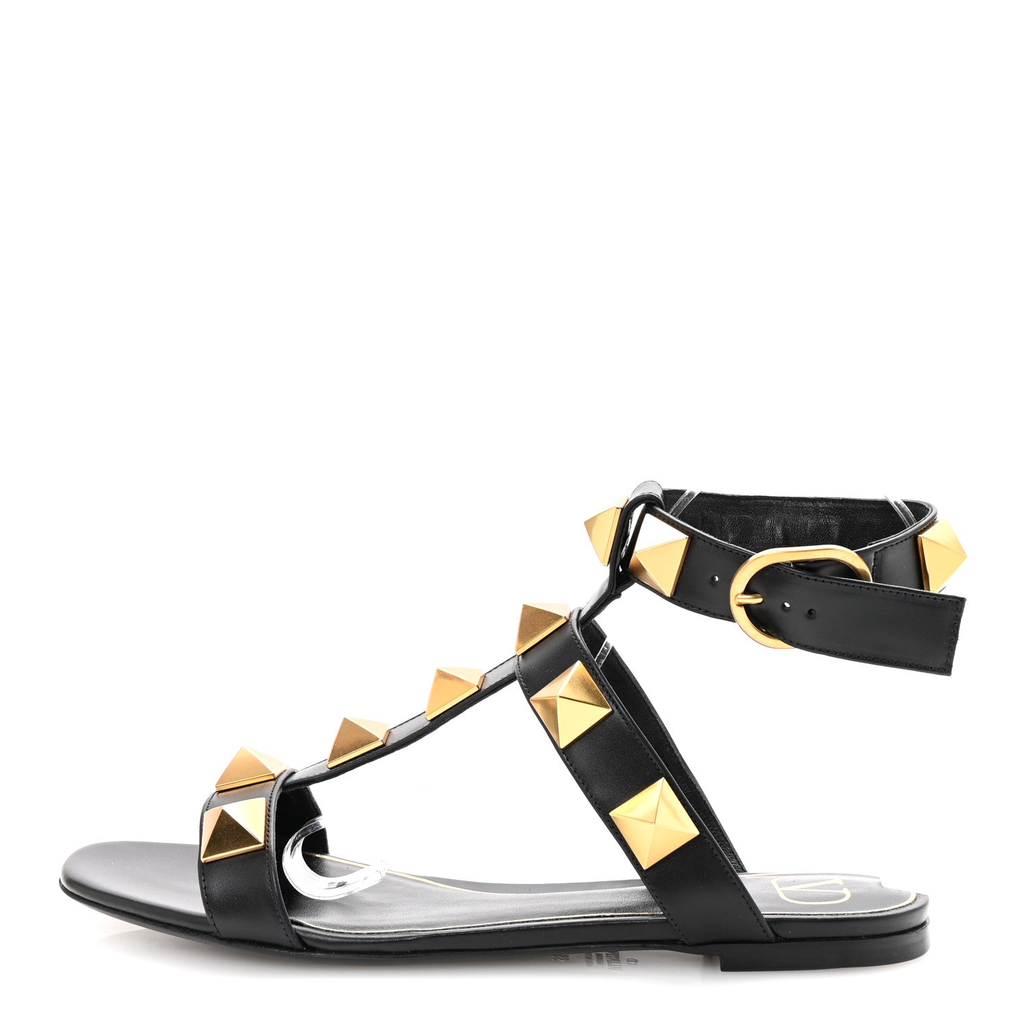 Valentino Garavani Calfskin Roman Stud Ankle Strap Flat Sandals 38.5 Black 1 of 10