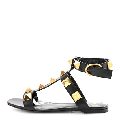 Valentino Garavani Calfskin Roman Stud Ankle Strap Flat Sandals 38.5 Black 1 of 10