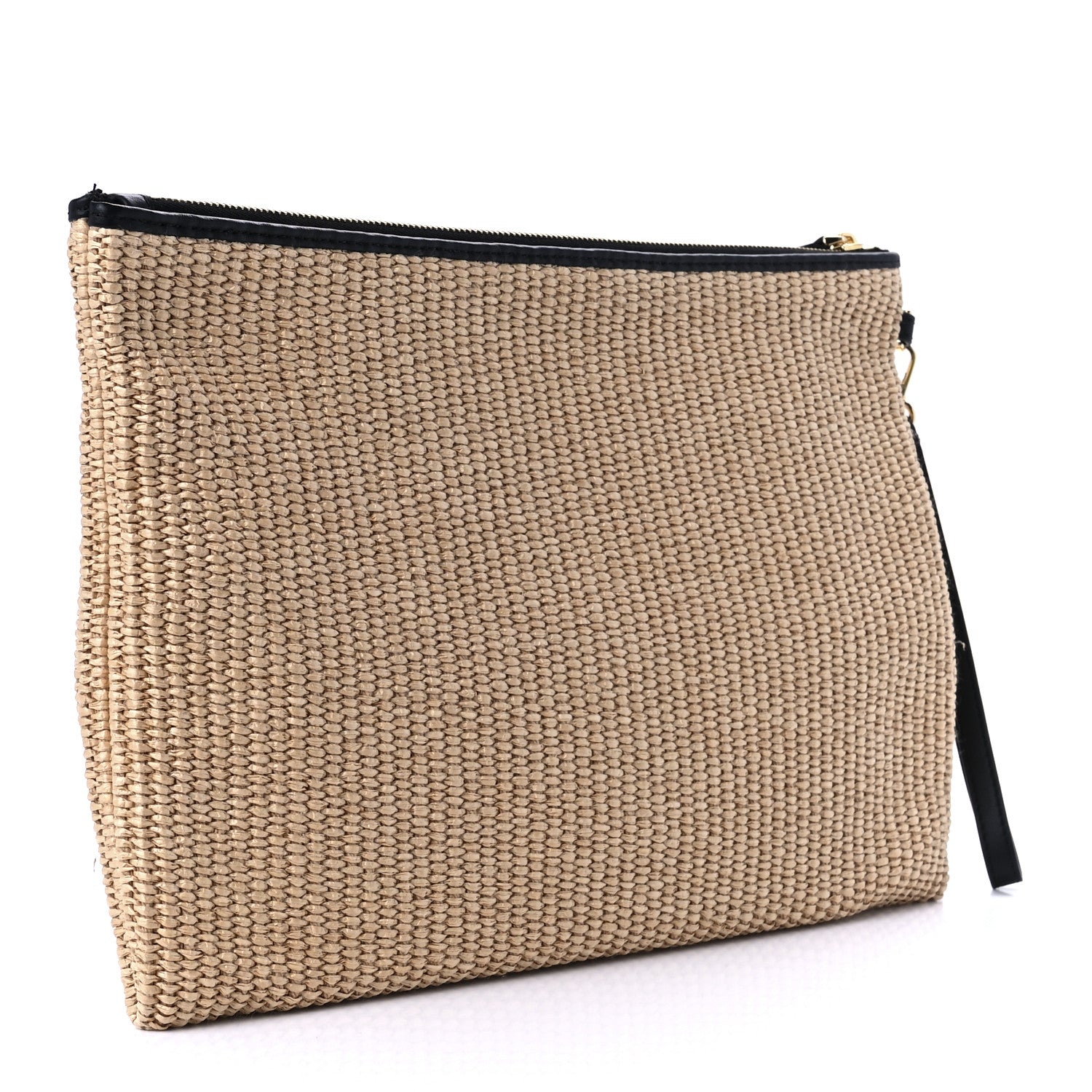 Fendi Straw Vitello King Logo Woven Large Flat Pouch Paglia Black 2 of 9