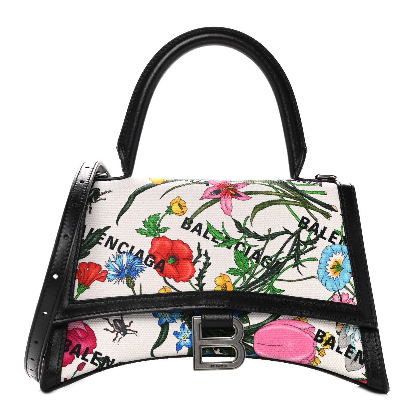 X GUCCI Canvas Boarded Plutone Calfskin Flora Logo Print Small Hourglass Top Handle Bag White Multicolor Black