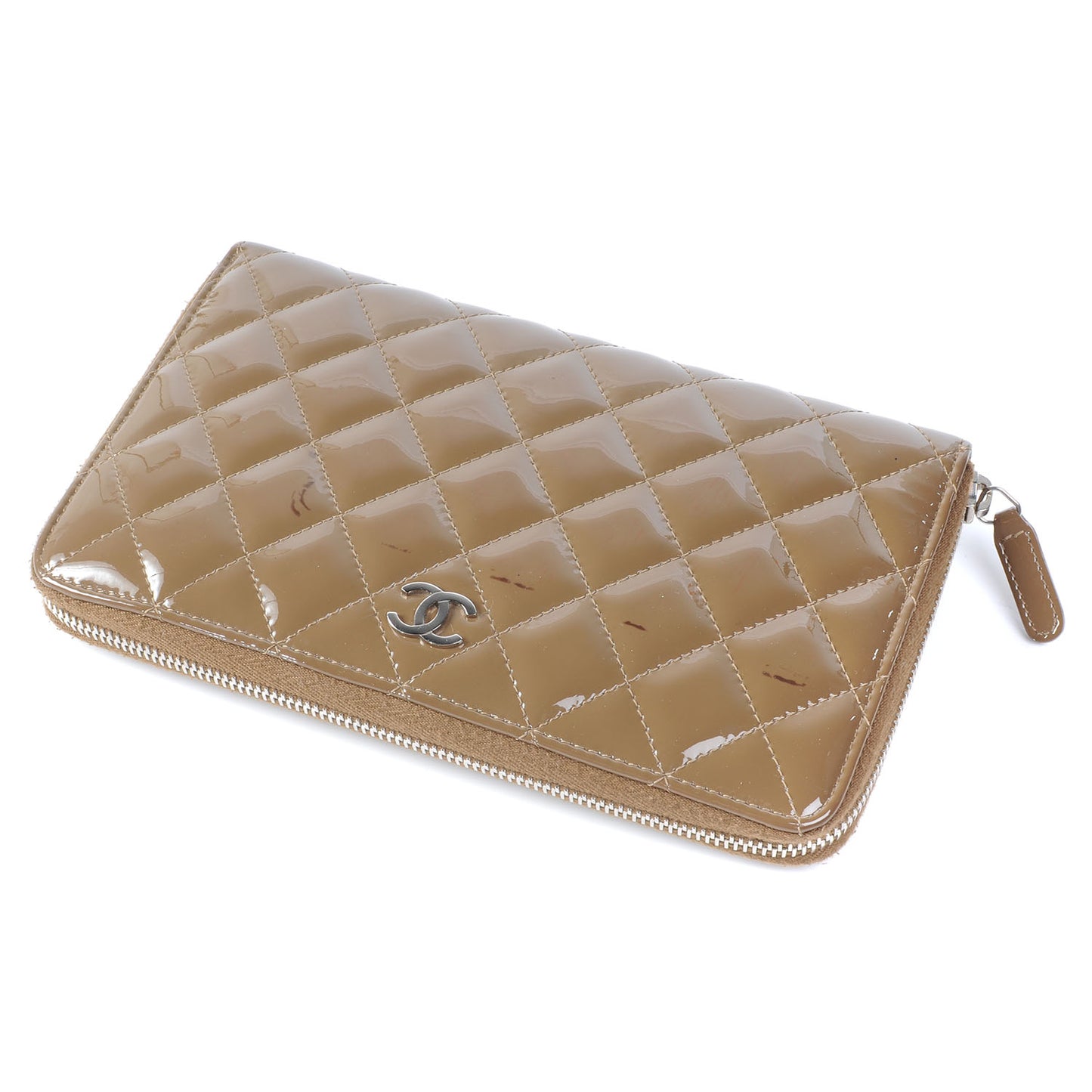 Patent Quilted Large Zip Around Wallet Taupe