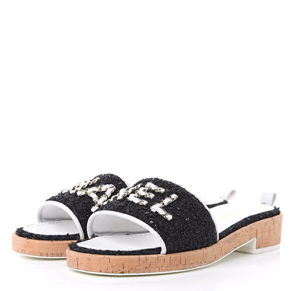 Chanel Tweed Cork CC Chain Mule Sandal 39 Black 4 of 10