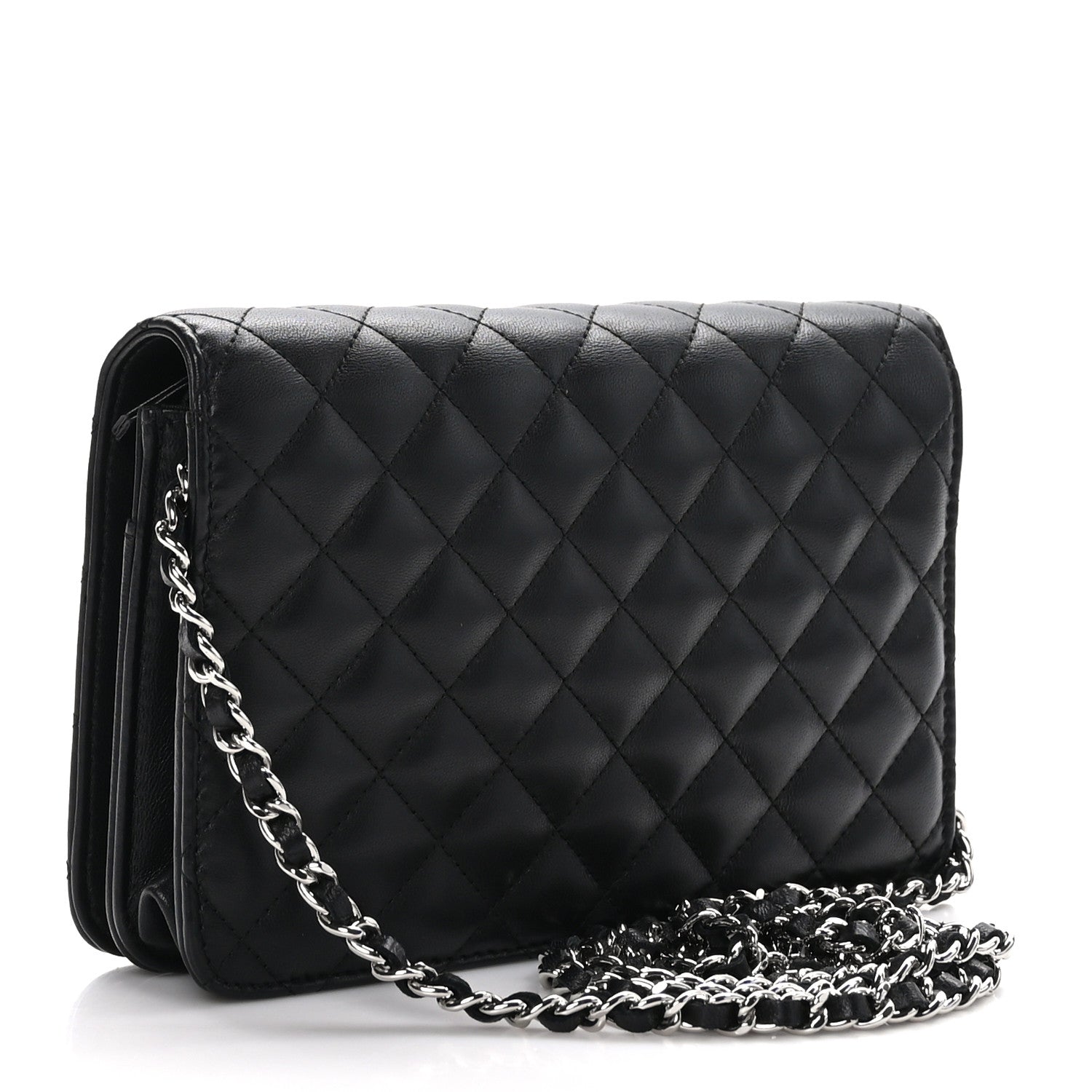 Chanel Lambskin Quilted Diamond CC Wallet On Chain WOC Black 3 of 12