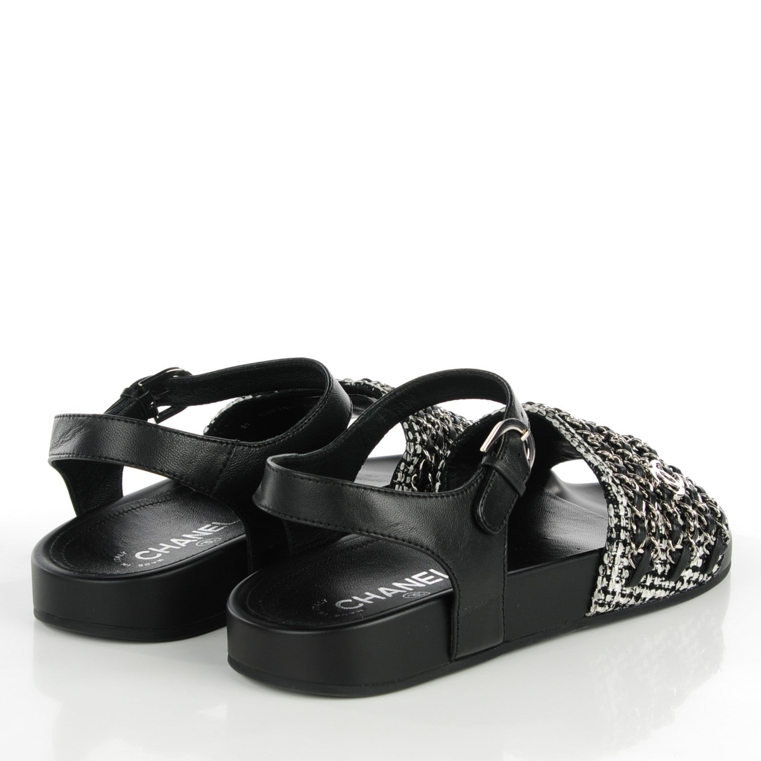 Chanel Tweed Lambskin Chain Flat Sandals 38 Black White 4 of 9