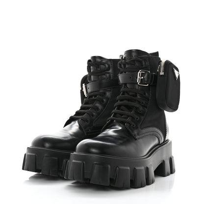 Prada Spazzolato Rois Nylon Metal Triangle Logo Monolith Pouch Pocket 55mm Boots 36.5 Black 3 of 8