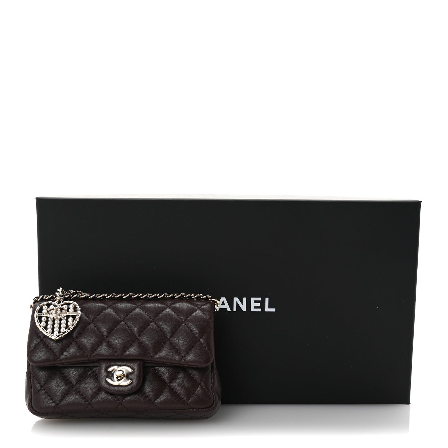 Lambskin Quilted Mini Flap Bag Charm With Hook Dark Brown