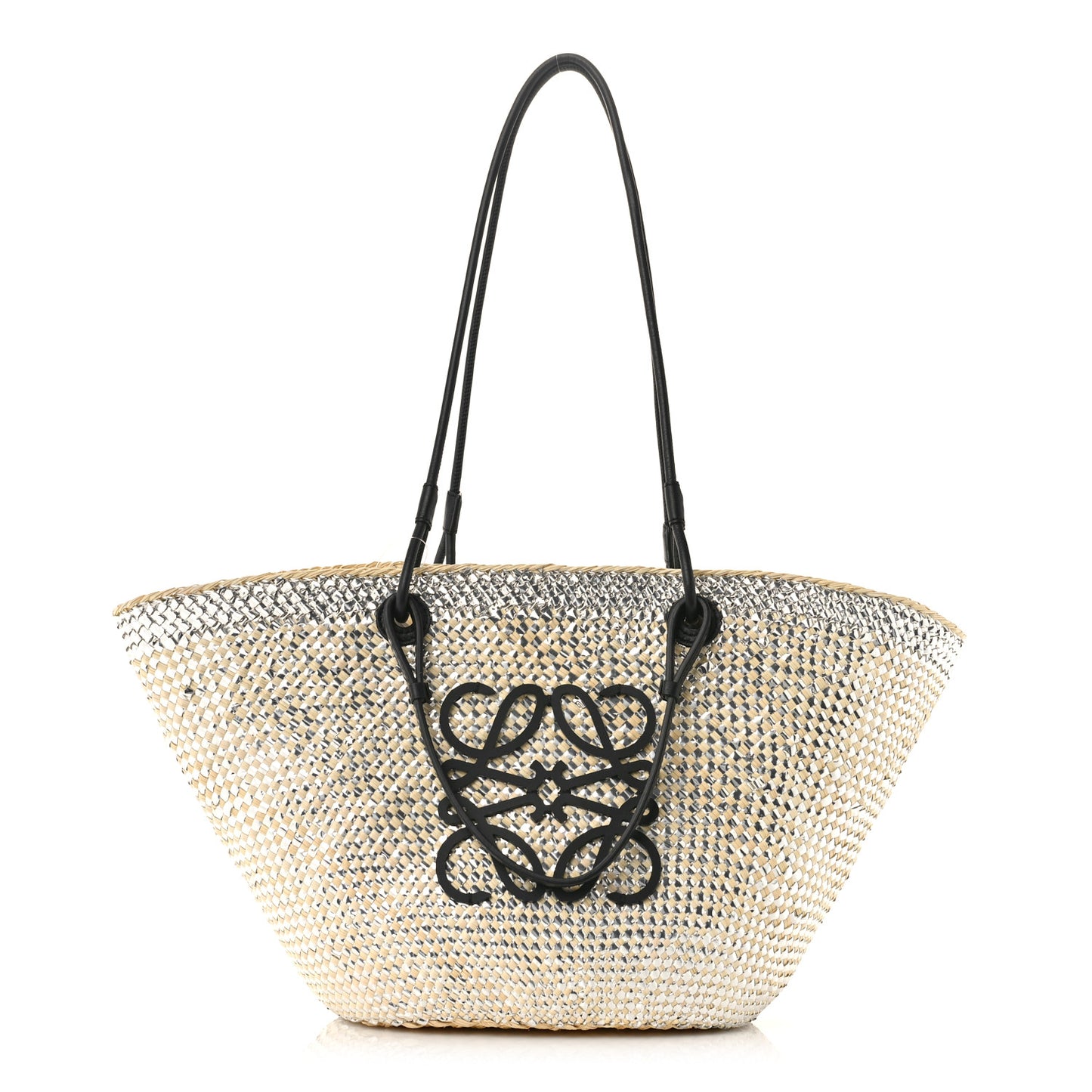 Calfskin Raffia Paulas Ibiza Sparkling Metallic Anagram Basket Tote Bag Natural Silver