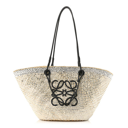 Loewe Calfskin Raffia Paulas Ibiza Sparkling Metallic Anagram Basket Tote Bag Natural Silver 1 of 10