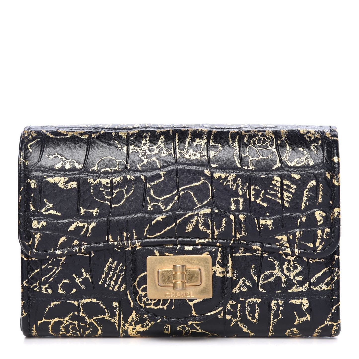Calfskin Crocodile Embossed Graffiti Reissue Card Holder Wallet Black Gold