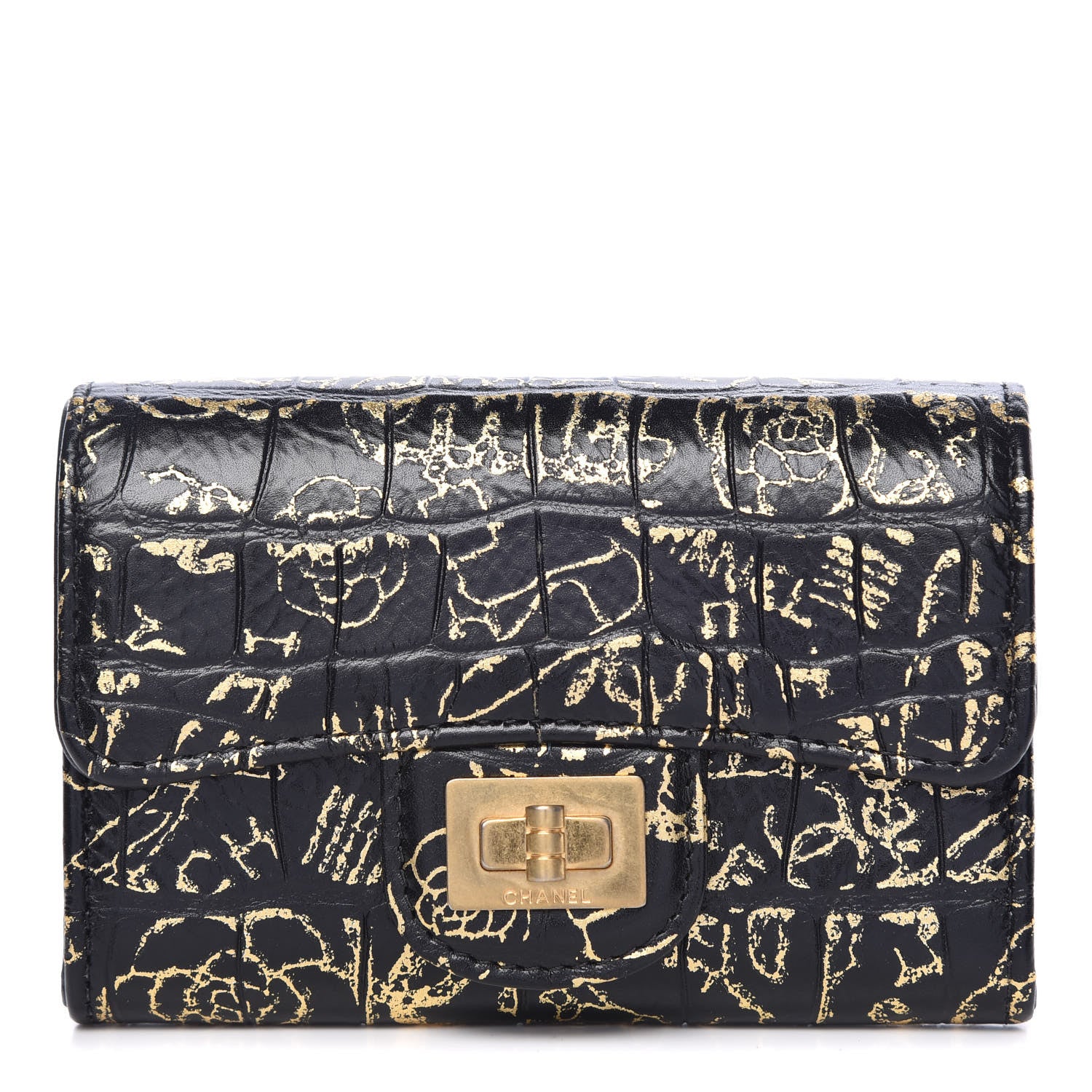 Chanel Calfskin Crocodile Embossed Graffiti Reissue Card Holder Wallet Black Gold 1 of 9