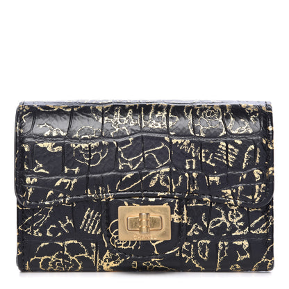 Chanel Calfskin Crocodile Embossed Graffiti Reissue Card Holder Wallet Black Gold 1 of 9