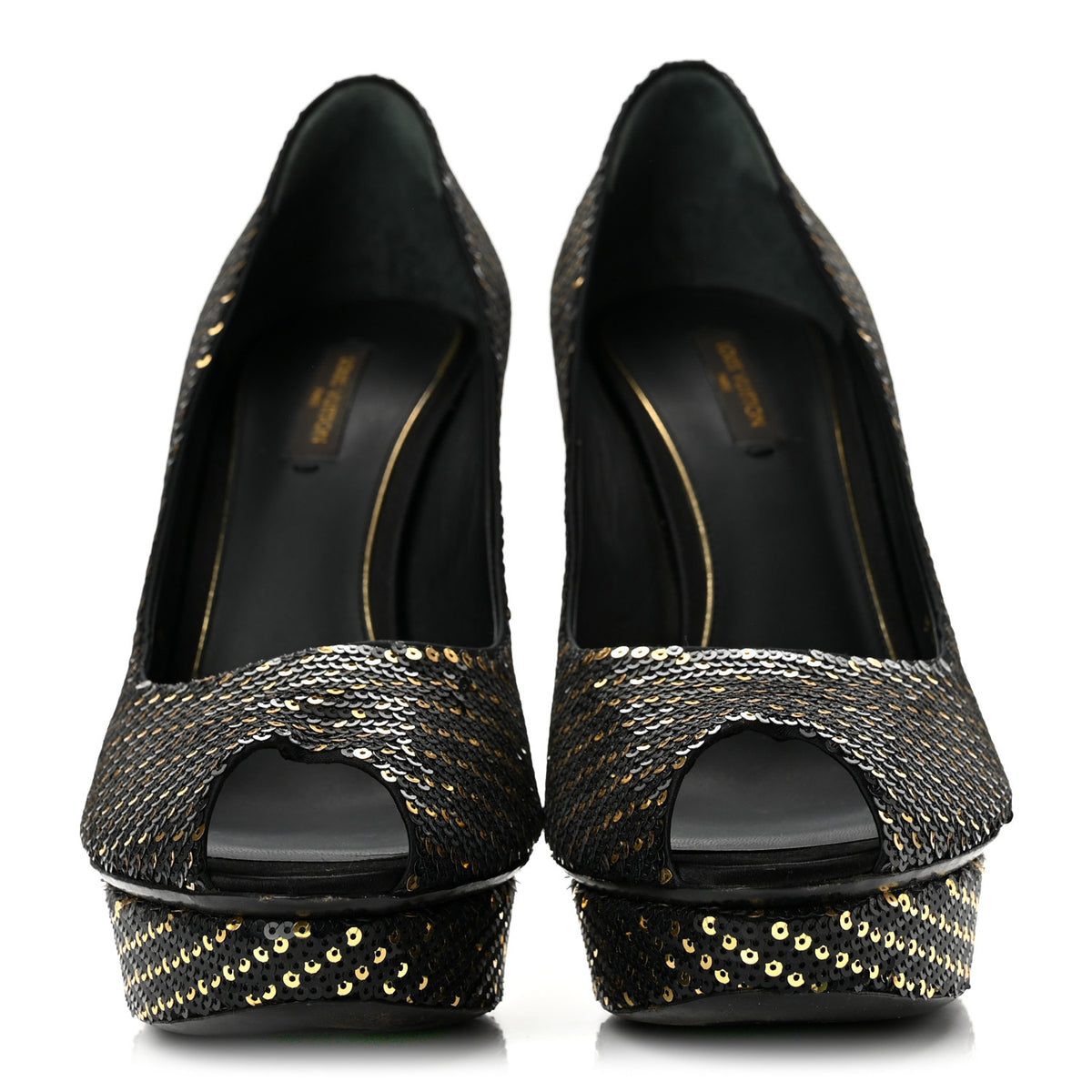 Louis Vuitton Sequin Peep Toe Platform Pumps 39 Black Gold 3 of 11