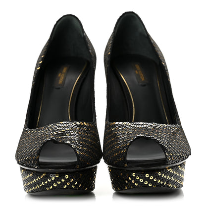Louis Vuitton Sequin Peep Toe Platform Pumps 39 Black Gold 3 of 11