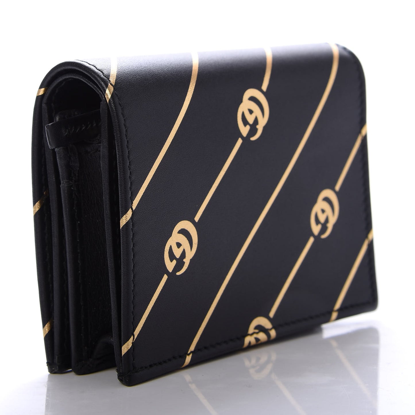Calfskin Diagonal GG Card Case Black Gold