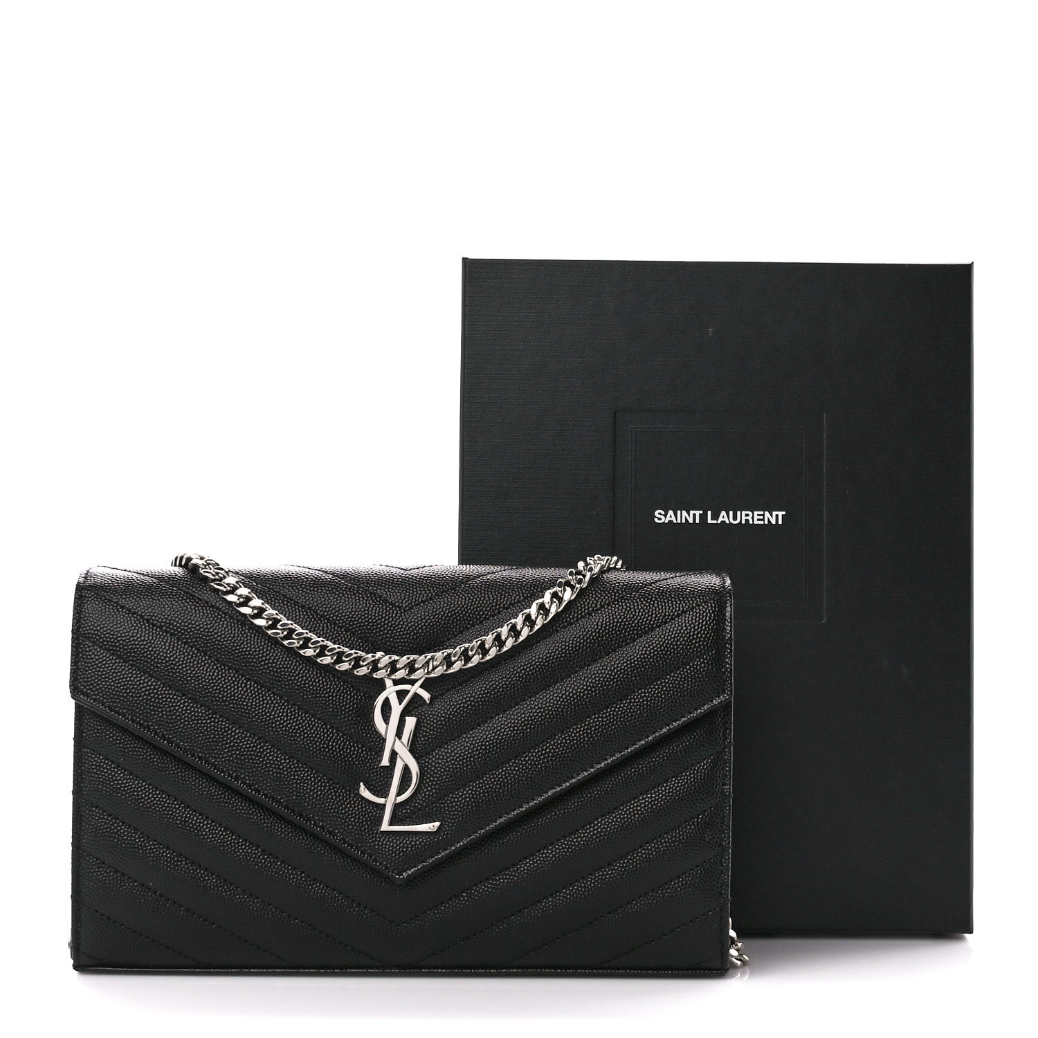 Saint Laurent Grain De Poudre Matelasse Chevron Monogram Chain Wallet Black 11 of 11
